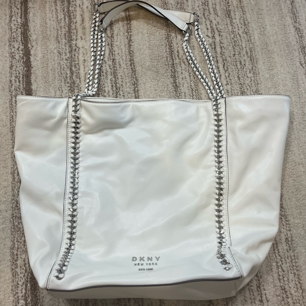 DKNY White Chain-Link Strap Tote Bag